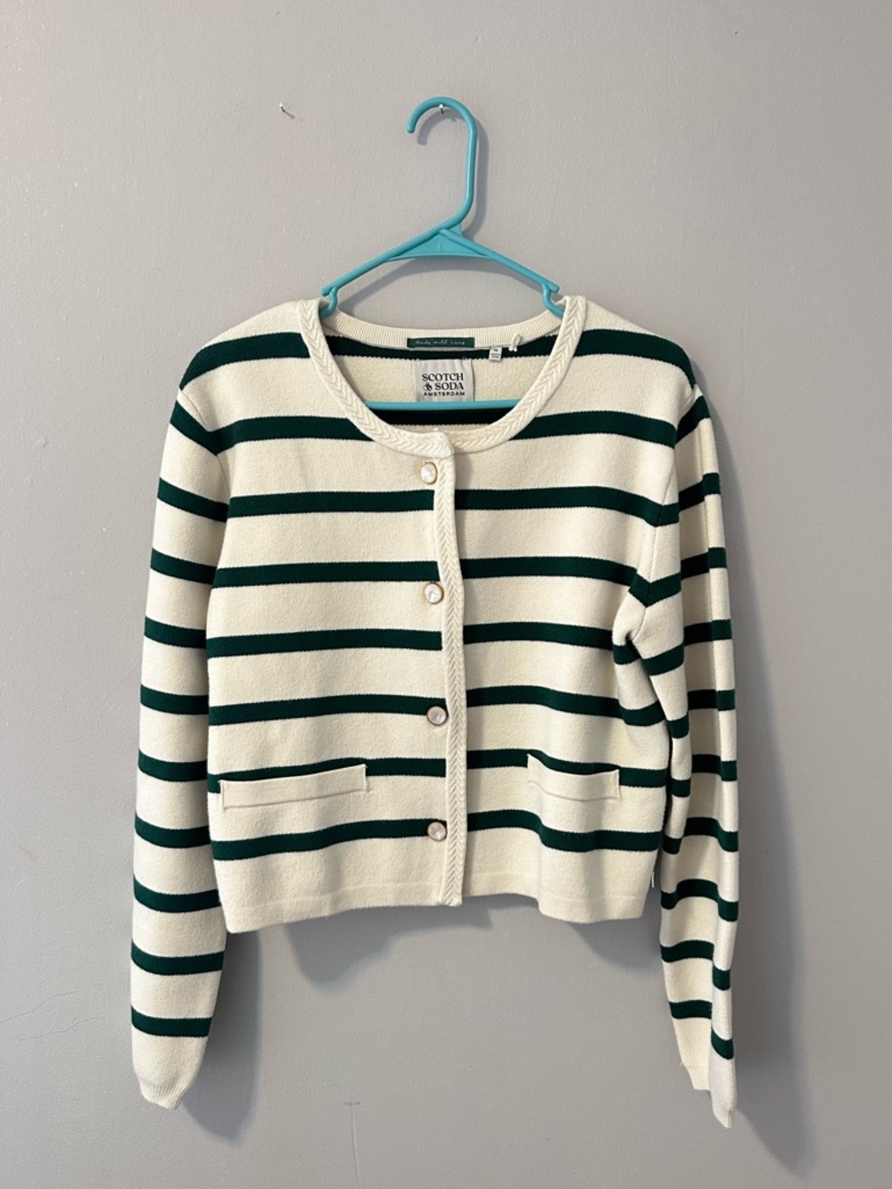 Scotch & Soda Cream and Dark Green Striped Button-Up Cardigan
